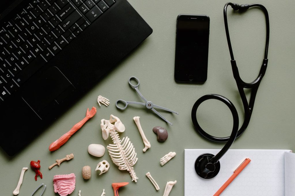 Top view of medical tools, stethoscope, skeleton parts, and laptop on a desk.